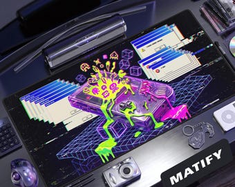 Glitchcore Retro Handheld Desk Mat | Melting Atomic Purple Gaming Mouse Pad | Neon Webcore Extended Pad | Edgy Tech Gift for Retro Gamers