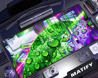 Nature Glitch Desk Mat | Dewy Leaf Webcore Gaming Mouse Pad | Neon Purple & Green Extended Pad | Edgy Tech Gift for Eco-Cyberpunk Setups