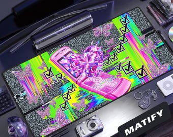 Cyber Y2K Flip Phone Desk Mat | Pink Diamond Heart Glitchcore Mouse Pad | Neon Butterfly Extended Pad | Edgy Kawaii Tech Gift for Her