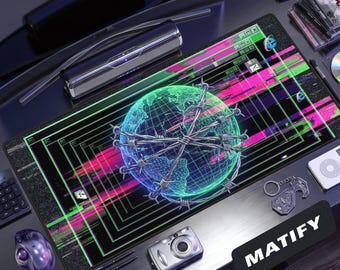 Glitchcore Webcore Globe Desk Mat | Barbed Wire Cyber Y2K Gaming Mouse Pad | Neon Pink Green Extended Pad | Edgy Tech Gift for IT Pros