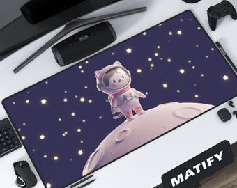 Alfombrilla de escritorio con diseño de gato astronauta y arte espacial kawaii, alfombrilla de ratón XL para juegos con luna y estrellas, diseño de galaxia pastel para decoración del espacio de trabajo de niñas gamer.