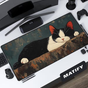 Sleeping Cat Desk Mat Cozy Painterly Art, Large Gaming Mousepad with Black and White Tuxedo Cat, Whimsical Art Lover Cottagecore Workspace