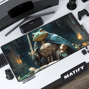 Frog Paladin Desk Mat Epic Fantasy Art, Large Gaming Mousepad with Armored Toad, Dark Fantasy for DnD Gamer Workspace Dungeon Master Decor