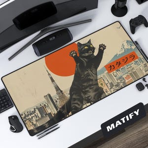Alfombrilla de escritorio Catzilla / Alfombrilla de escritorio gigante con diseño de gato negro y horizonte de Tokio / Alfombrilla de escritorio de estética japonesa con diseño de monstruo retro Kaiju, alfombrilla de ratón grande, regalo japonófilo