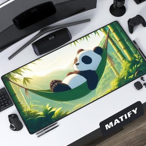 Cute Panda Desk Mat Anime Style, Large Gaming Mousepad with Sleeping Bear, Cozy Bamboo Forest Art for Zen Workspace Office Decor