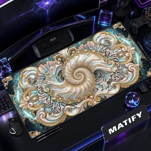 May include: A rectangular desk mat featuring a central white and gold nautilus shell motif surrounded by intricate, swirling baroque-style filigree patterns in shades of teal, gold, and white, with the word MATIFY printed in white on a black label.