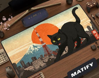 Nekojira Japanse Tokyo-bureaumat | Grappige grote kat grote muismat | Retro vintage mount Fuji-bureauaccessoire, gamerkamercadeau