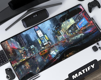 Abstrakte NYC Schreibtischmatte Malerische Times Square Kunst, großes Gaming Mousepad mit regnerischem New Yorker Stadtbild, impressionistischer Urbandekor-Arbeitsplatz