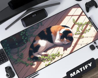 Schlafende Glückskatzen Schreibtischmatte Gemütliches Anime Art, großes Gaming Mousepad mit Sonnenstrahl Napper, Ghibli Inspiriert für Cottagecore Workspace Decor