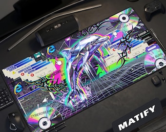 Alfombrilla de escritorio Y2K Cyber Dolphin / Alfombrilla de ratón Chrome Webcore / Alfombrilla de juego con estética Vaporwave / Regalo tecnológico retro con error de Windows para gamers