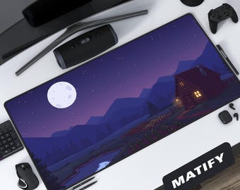 Großes Gaming Mousepad mit 8-bit Landschaft, Lofi Stardew Valley, Cottagecore Arbeitsplatz Dekor, gemütliche Nacht Nacht Deko
