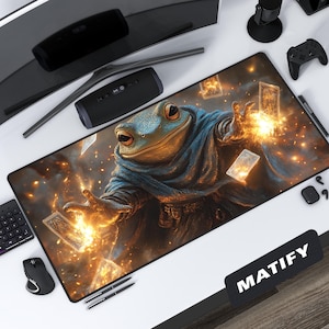 Frog Wizard Desk Mat Fantasy Art, Large Gaming Mousepad with Magical Toad and Tarot Cards, DnD Aesthetic for Witchy Workspace Decor