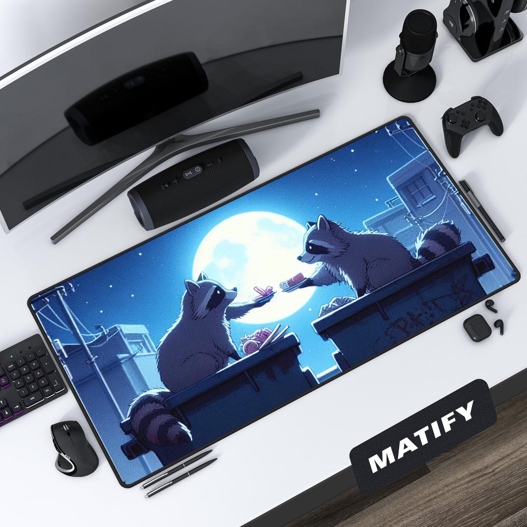 Cute Raccoon Desk Mat Anime Style, Large Gaming Mousepad Romantic ...