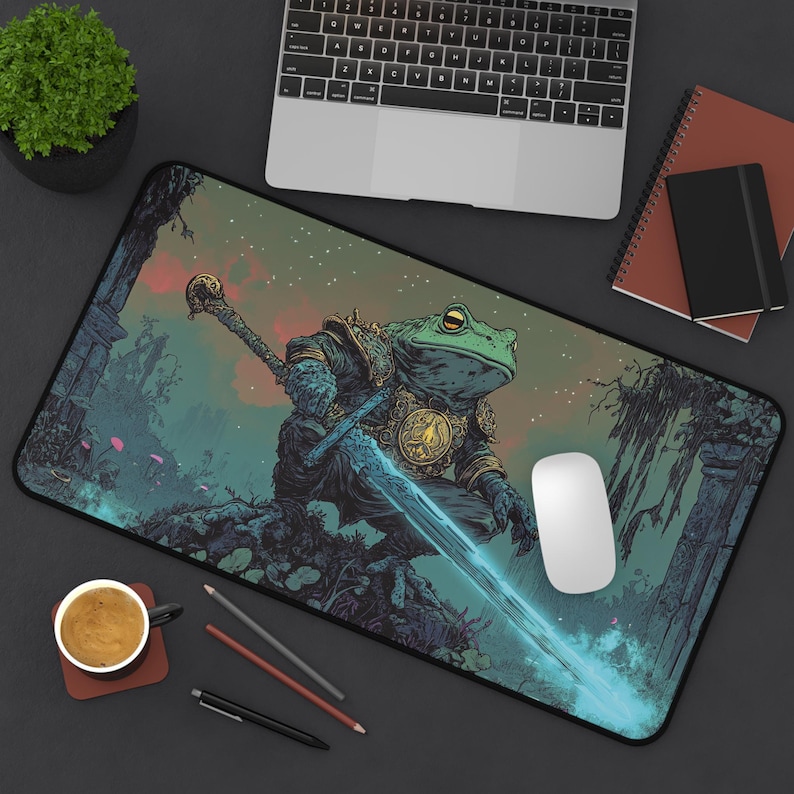 Frog Knight Desk Mat Epic Fantasy Art, Large Gaming Mousepad with Warrior Toad, DnD Aesthetic for RPG Gamer Workspace Dungeon Master Decor 22"x12"//55.9x30.5cm