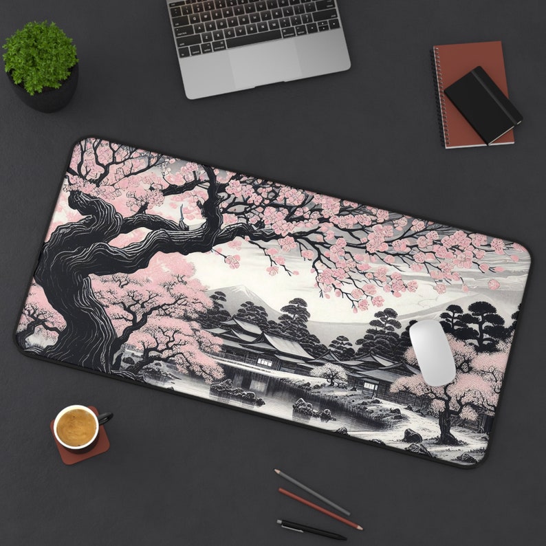 Japanse Sakura-bureaumat | Kersenbloesem sumi-e Groot muismat | Minimalistische inktwashouder Fuji-bureauaccessoire, esthetisch cadeau 31"x15.5"//79x39.4cm
