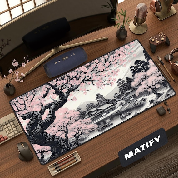 Japanese Sakura Desk Mat | Sumi-e Cherry Blossom Large Mouse Pad | Minimalist Ink Wash Mount Fuji Desk Accessory, Aesthetic Gift