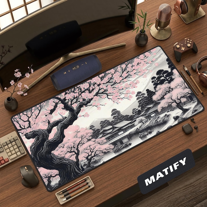 A premium oversized desk mat on a warm wooden desk, featuring a traditional Japanese landscape in an ink-wash and woodblock style. An ancient, gnarled cherry tree with blooming pink sakura blossoms frames the left, contrasting against a monochromatic black, white, and grey landscape with a traditional house near water, pine trees, and a distant Mount Fuji. The setup is styled with a curved monitor, cream mechanical keyboard, wireless controller, and minimalist neutral desk accessories.