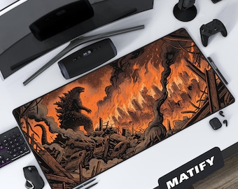 Alfombrilla de escritorio Godzilla Burning City / Alfombrilla de ratón extendida Apocalyptic Kaiju / Alfombrilla de configuración naranja estilo cómic retro / Regalo para gamers amantes de las películas de monstruos