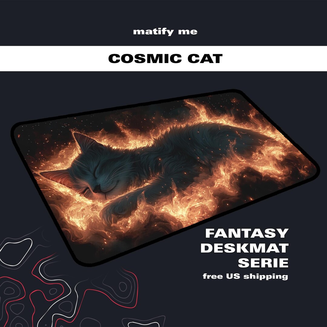 Cosmic Cat Desk Mat | Whimsical Fiery Cat Mousepad MTG Playmat ...