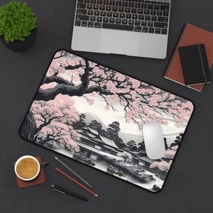 Japanse Sakura-bureaumat | Kersenbloesem sumi-e Groot muismat | Minimalistische inktwashouder Fuji-bureauaccessoire, esthetisch cadeau 18"x12"//45.7x30.5cm