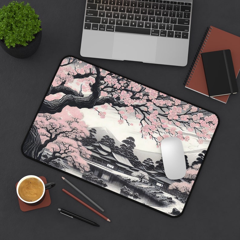 Japanse Sakura-bureaumat | Kersenbloesem sumi-e Groot muismat | Minimalistische inktwashouder Fuji-bureauaccessoire, esthetisch cadeau 18"x12"//45.7x30.5cm