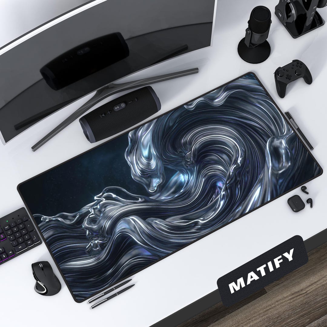 Metal Computer Mat Silver Liquid Metal Desk Mat Chrome 3D Swirl Art, Large Gaming Mousepad ...