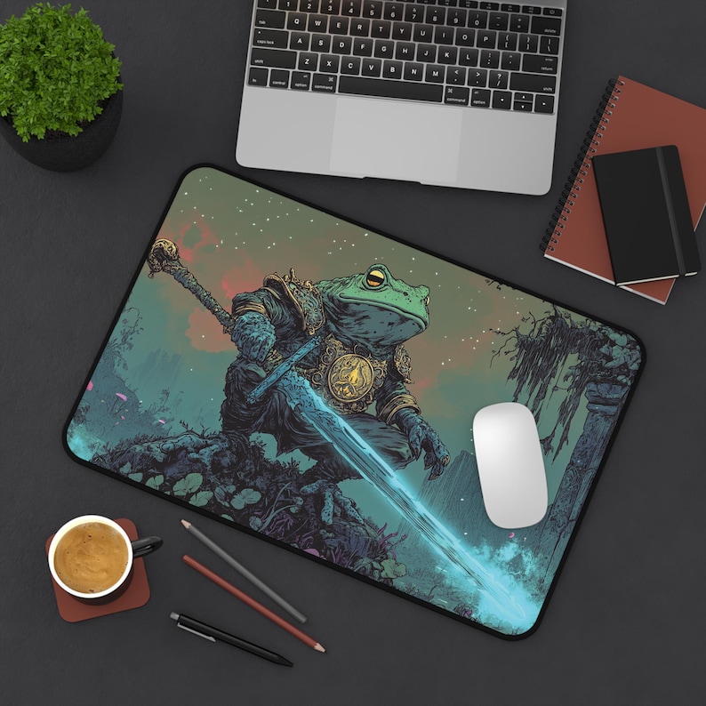 Frog Knight Desk Mat Epic Fantasy Art, Large Gaming Mousepad with Warrior Toad, DnD Aesthetic for RPG Gamer Workspace Dungeon Master Decor 12"x18"//30.5x45.7cm