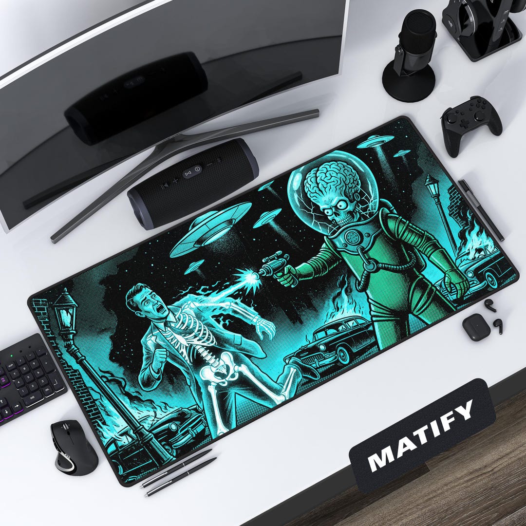 Martian Invasion Retro Sci-fi Desk Mat | Cyan Ray Gun Alien Extended ...