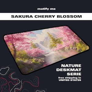 Premium Sakura Cherry Blossom Desk Mat | Old Japanese Waterfall DeskMat | Retro Japanese Aesthetics Desk Pad | Retro Non-Slip Mousepad