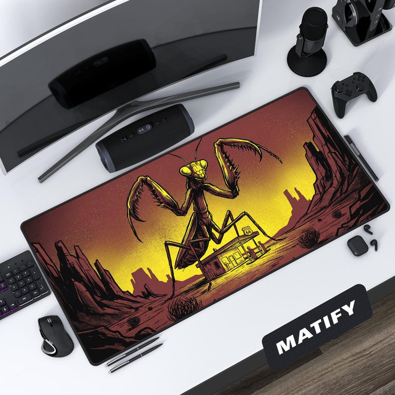 Top-down view of a 1950s sci-fi comic desk mat. The large extended pad features a giant praying mantis towering over a Route 66 gas station in a desert canyon at sunset. The art is in a retro halftone comic style with yellow, ochre, and burnt sienna tones.