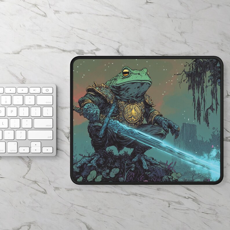 Frog Knight Desk Mat Epic Fantasy Art, Large Gaming Mousepad with Warrior Toad, DnD Aesthetic for RPG Gamer Workspace Dungeon Master Decor 9"x7" // 22.9x17.8cm