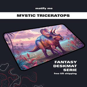 Whimsical Triceratops Desk Mat | Colorful Dinosaur Mousepad Playmat | Surreal Landscape Jurassic Dino DeskMat Gift | Large NonSlip Mouse Pad