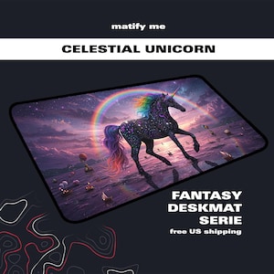 Celestial Dark Unicorn Deskmat | Surreal Rainbow Unicorn Mousepad | Dreamy Mystic Unicorn Mat Gift | Large Non-Slip Mouse Pad
