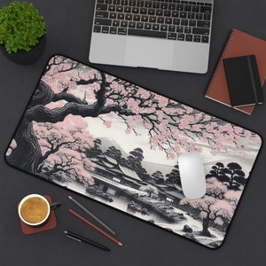 Japanse Sakura-bureaumat | Kersenbloesem sumi-e Groot muismat | Minimalistische inktwashouder Fuji-bureauaccessoire, esthetisch cadeau 22"x12"//55.9x30.5cm
