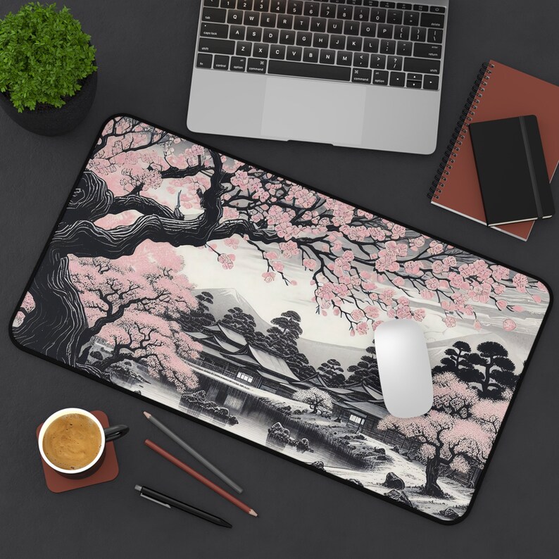 Japanse Sakura-bureaumat | Kersenbloesem sumi-e Groot muismat | Minimalistische inktwashouder Fuji-bureauaccessoire, esthetisch cadeau 22"x12"//55.9x30.5cm