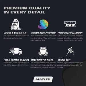 Op de afbeelding: Een donkergrijze informatieve afbeelding met de titel PREMIUM QUALITY IN EVERY DETAIL. Het bevat zes iconen die productkenmerken weergeven: een persoon met een zonnebril, een regenboogpalet, een 3mm liniaal, een vrachtwagen, een kikker en een naald.