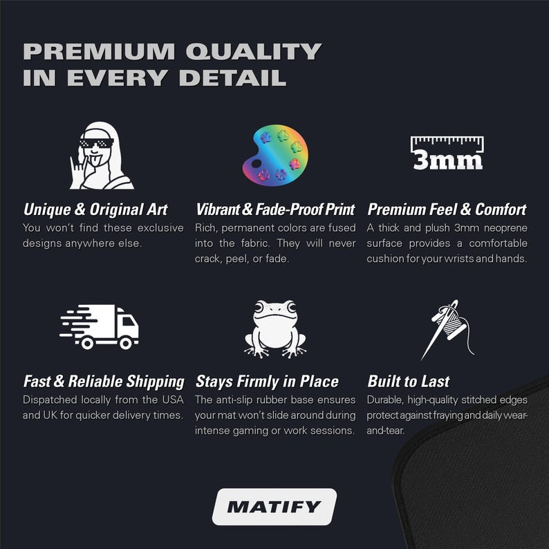 Op de afbeelding: Een donkergrijze informatieve afbeelding met de titel PREMIUM QUALITY IN EVERY DETAIL. Het bevat zes iconen die productkenmerken weergeven: een persoon met een zonnebril, een regenboogpalet, een 3mm liniaal, een vrachtwagen, een kikker en een naald.