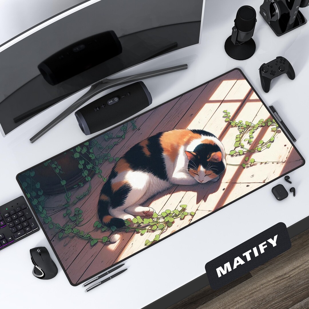Sleeping Calico Cat Desk Mat Cozy Anime Art, Large Gaming Mousepad With ...