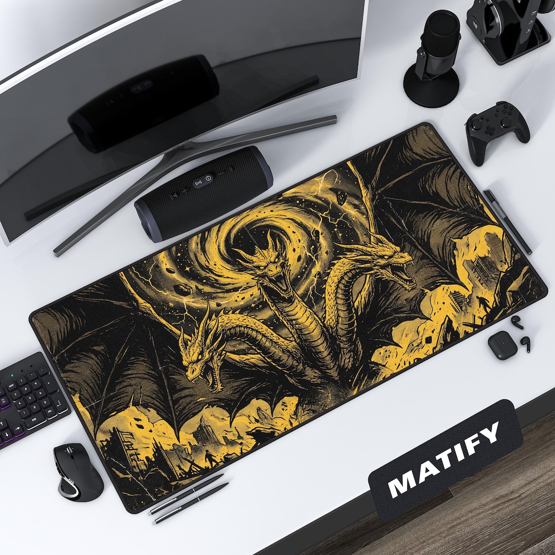 King Ghidorah Dragon Desk Mat | Monster Zero Gold & Black Mouse