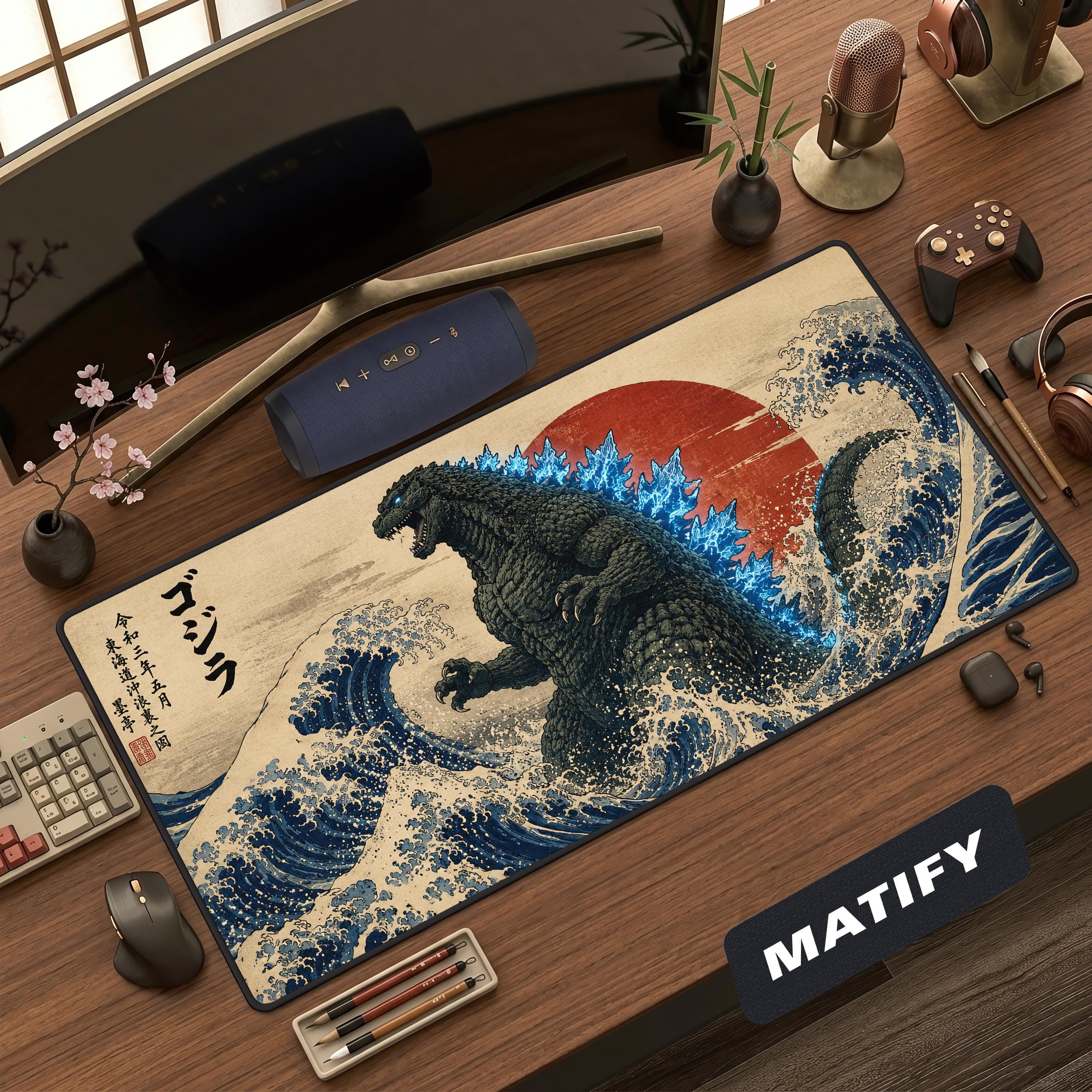 Japanese Godzilla Great Wave Desk Mat | Kaiju Rising Sun Large