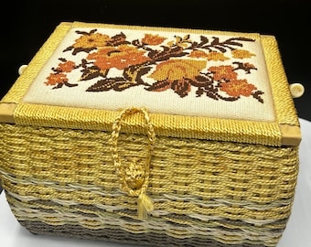 1960s sewing box with embroidered top