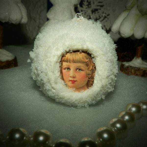 süßes Schneebällchen - Schneekugel  Wattefigur  CBS * Baumschmuck  6cm Vintage Nostalgie Glanzbild
