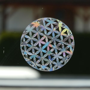 Könnte beinhalten: Ein silberner holografischer Aufkleber mit einem geometrischen Lebensblume-Design.