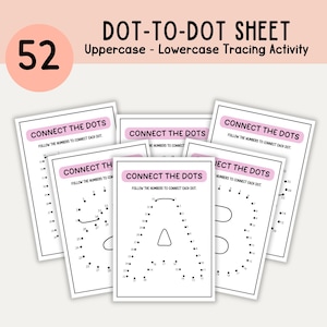 Puede incluir: Un conjunto de cinco hojas de trabajo de puntos a conectar en blanco y negro para niños. Cada hoja presenta las palabras "Conecta los puntos" e instrucciones para seguir los números para conectar cada punto. Las hojas de trabajo están diseñadas para ayudar a los niños a aprender el reconocimiento de letras y el trazado.