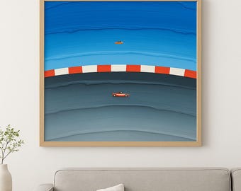 Monaco Coastal Vintage Car & Boat Wall Art Print | 30×30 Inch Scalable Square Printable | Retro Beach Decor | Instant Download