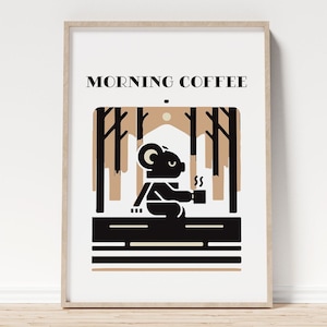 Morning Coffee Natural Toned Koala in the Forest Poster for Modern Kitchen Wall Art Print I Gift for Coffee Lover I Framed /Unframed Options