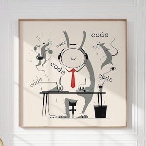 May include: A black and white illustration of a rabbit wearing headphones and a red tie, sitting at a desk with a laptop and a cup of coffee. The rabbit is surrounded by the word "code" in different sizes and orientations.