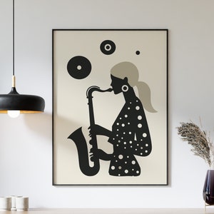 Funky Saxophone Player Poster for Jazz Lover Wall Art, Framed Mid Century Style Music Print Gift for Musician, Funk Concert Poster
