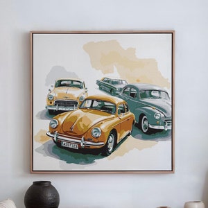May include: A painting of three vintage cars, a yellow Porsche, a blue saloon, and a white saloon, on a light yellow background.