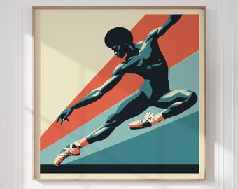 Black Male Ballet Dancer Square Framed Wall Art Poster I Abstract Pop Art Dance Print in Blue and Red for Dance School I Gift for Dancer
